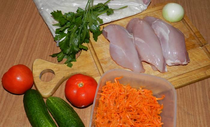 Курица, лаваш, помидоры, огурцы, лук, морковь