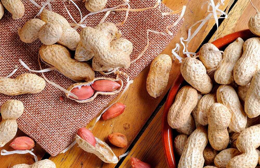 Неочищенный арахис рассыпан на столе